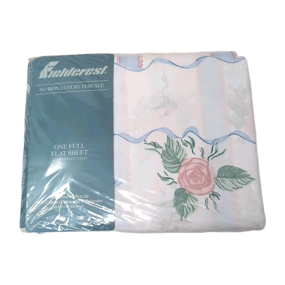 VTG Fieldcrest Cottage Rose Full Sheet Set Scalloped White Pink Blue 4pc NEW USA